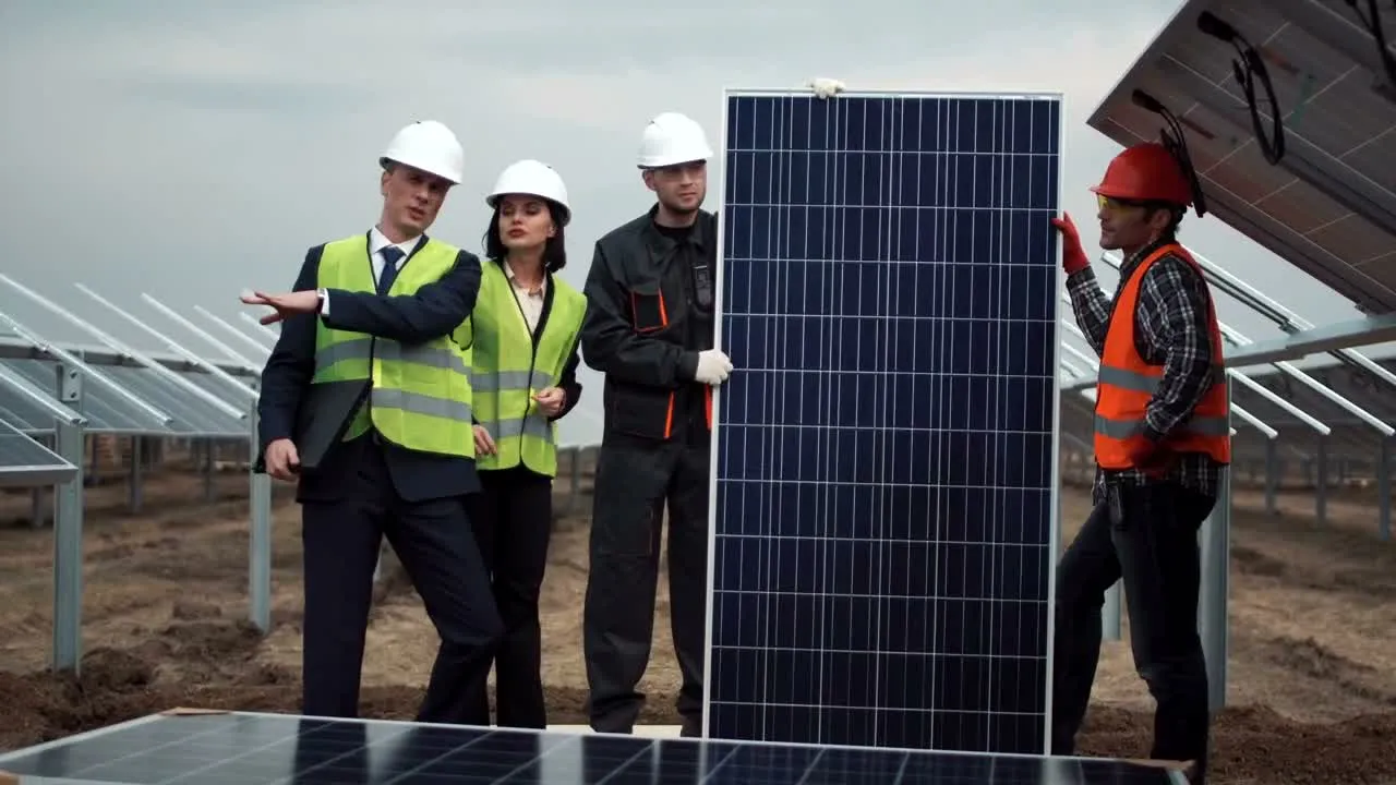 Engineers reviewing a solar panel installation